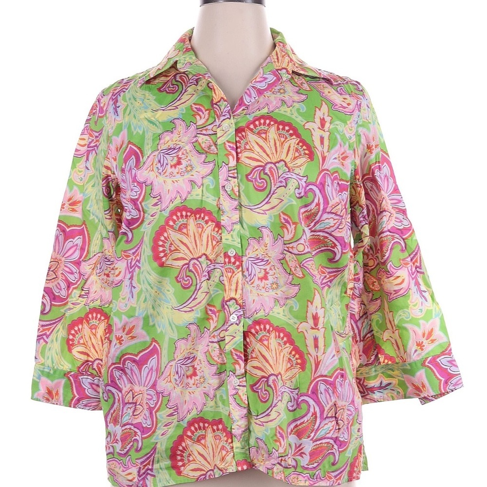 Lauren Ralph Lauren Green & Pink Button Down Shirt Floral Paisley Plus Size 1X